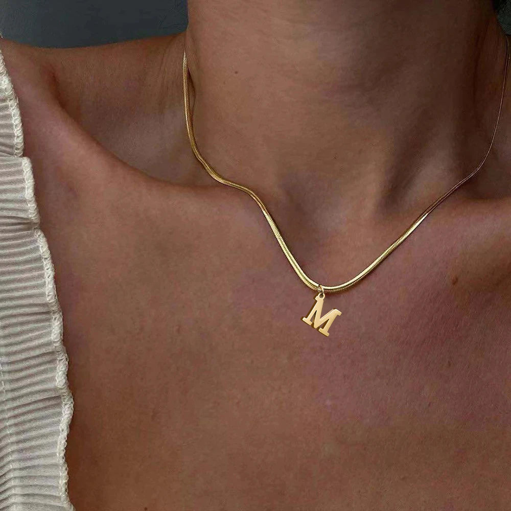 Alphabet Gold Plated Stainless Steel Pendant Necklace for Women Snake Chain Initial Letter Clavicle Necklaces Collar Jewelry-Dollar Bargains Online Shopping Australia