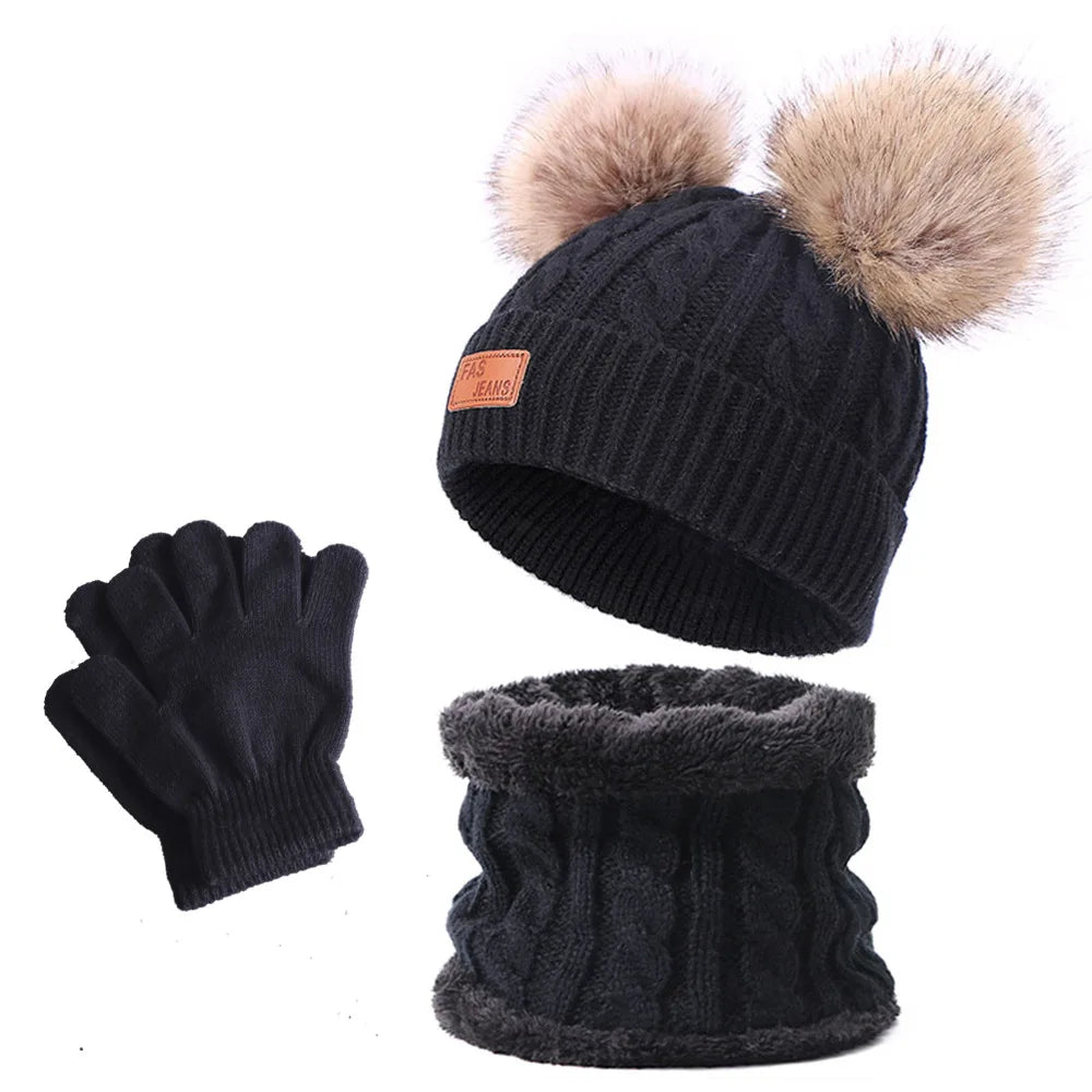 Warm Winter Baby Hats with Scarves for Kids Wool Pompom Baby Hat Children Bonnet Cap Boys Girls Knitted Scarf Gloves Beanie Caps-Dollar Bargains Online Shopping Australia