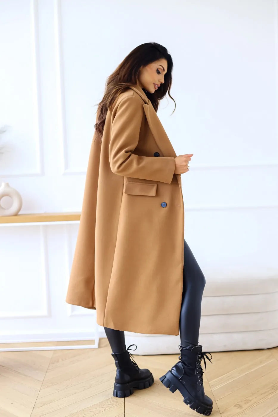 Women's minimalist double breasted long sleeved lapel button down woolen jacket with loose-Dollar Bargains Online Shopping Australia