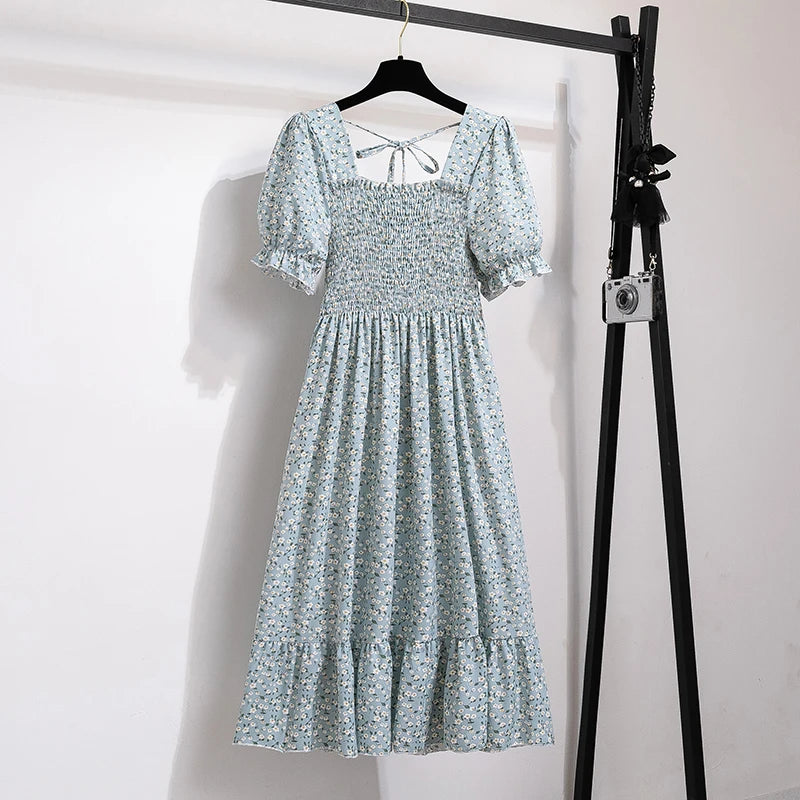 Chiffon Dresses Fashion Female Elastic Waist Short Sleeve Pleated Casual Dress Women A-line Dresses-Dollar Bargains Online Shopping Australia