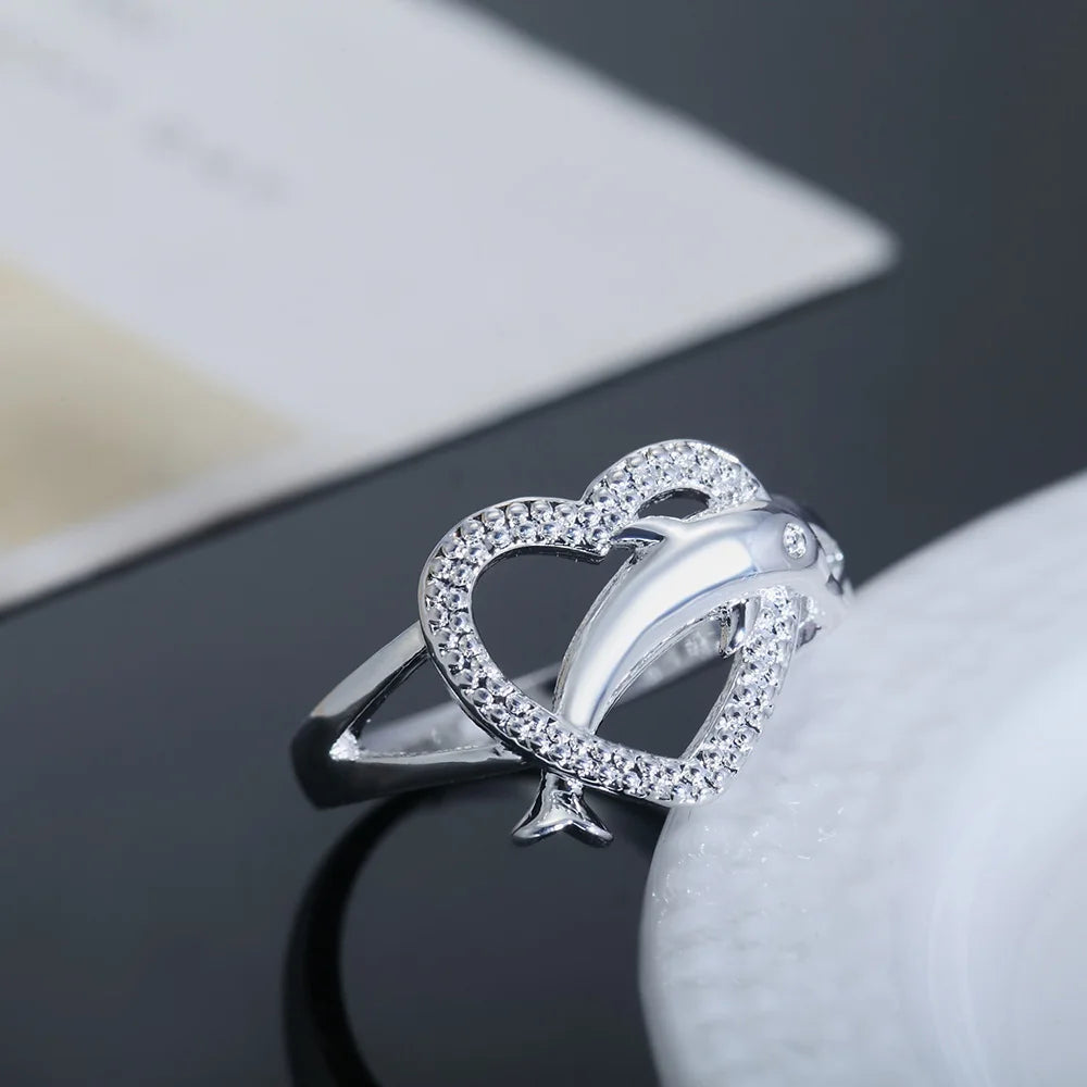 925 Sterling Silver fine Love dolphins heart Rings For Women Couple gifts Fashion Party wedding Jewelry-Dollar Bargains Online Shopping Australia