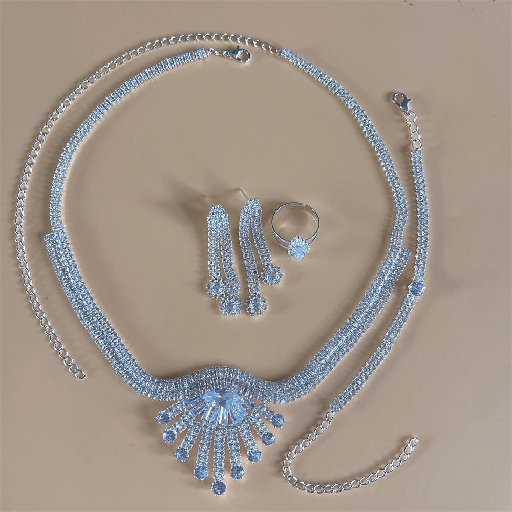 Silver Color Rhinestone Crystal Bridal Jewelry Set Earrings Necklace Wedding Geometric Elegant Romantic Bridesmaid Jewelry Sets-Dollar Bargains Online Shopping Australia