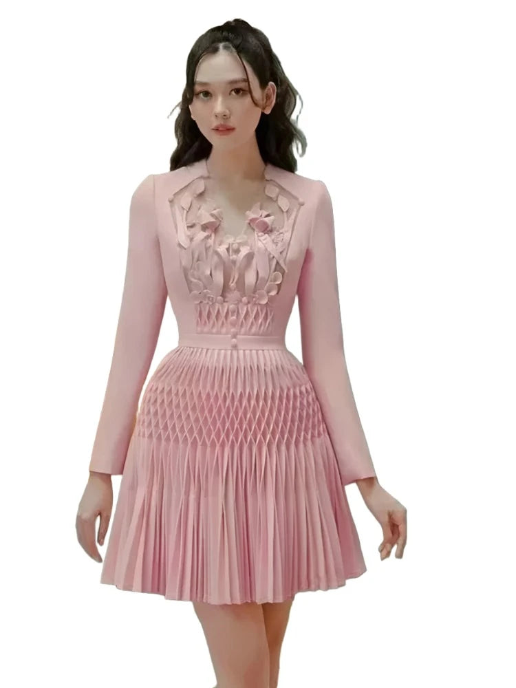 Dress V-neck Pleated Buttons 3D Flower Patchwork A-line Women's Evening Party Dresses-Dollar Bargains Online Shopping Australia