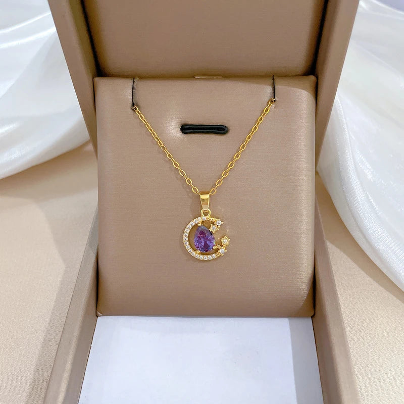 Stainless Steel Zircon Planet Star Pendant Necklace For Women Girl Elegant Aesthetic Clavicle Chain Necklace Jewelry Party Gift-Dollar Bargains Online Shopping Australia