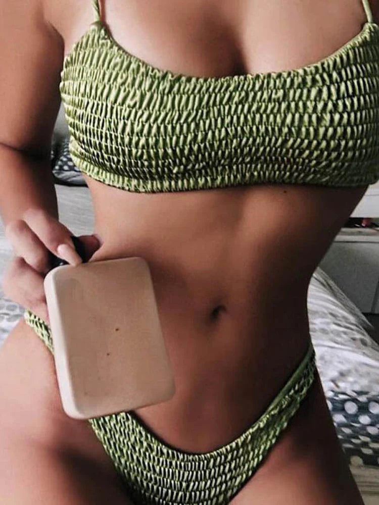 Women Push-up Padded Bra Bikini Set Pleated Swimsuit Swimwear Swimming Beach Bathing Costume Bikini Set