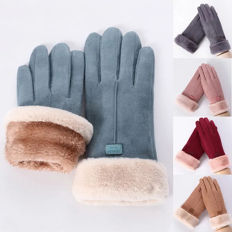 Cashmere Warm Suede Leather Cycling Mittens Double Thick Velvet Plush Wrist Women Touch Screen Driving Gloves-Dollar Bargains Online Shopping Australia