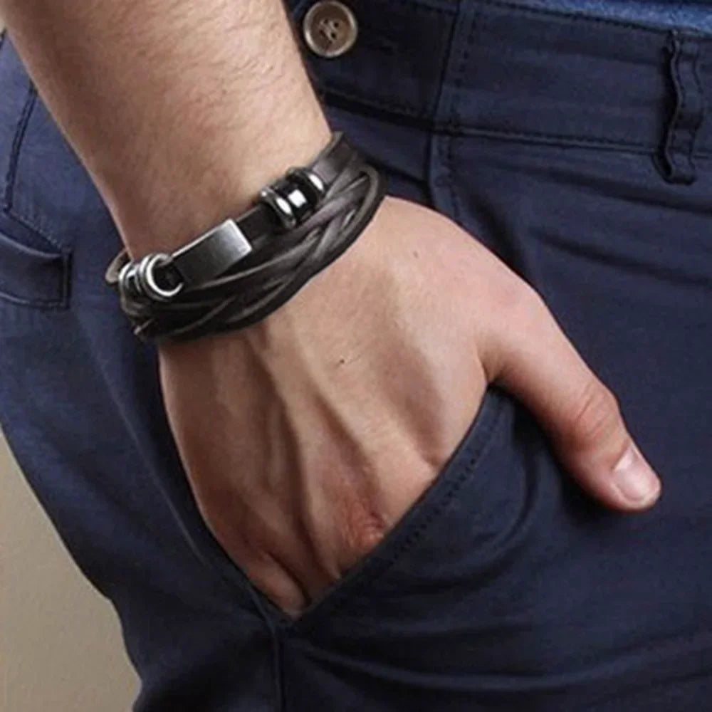 Mens Vintage Multilayer Braided Faux Leather Bangle Cuff Bracelet Wristband-Dollar Bargains Online Shopping Australia