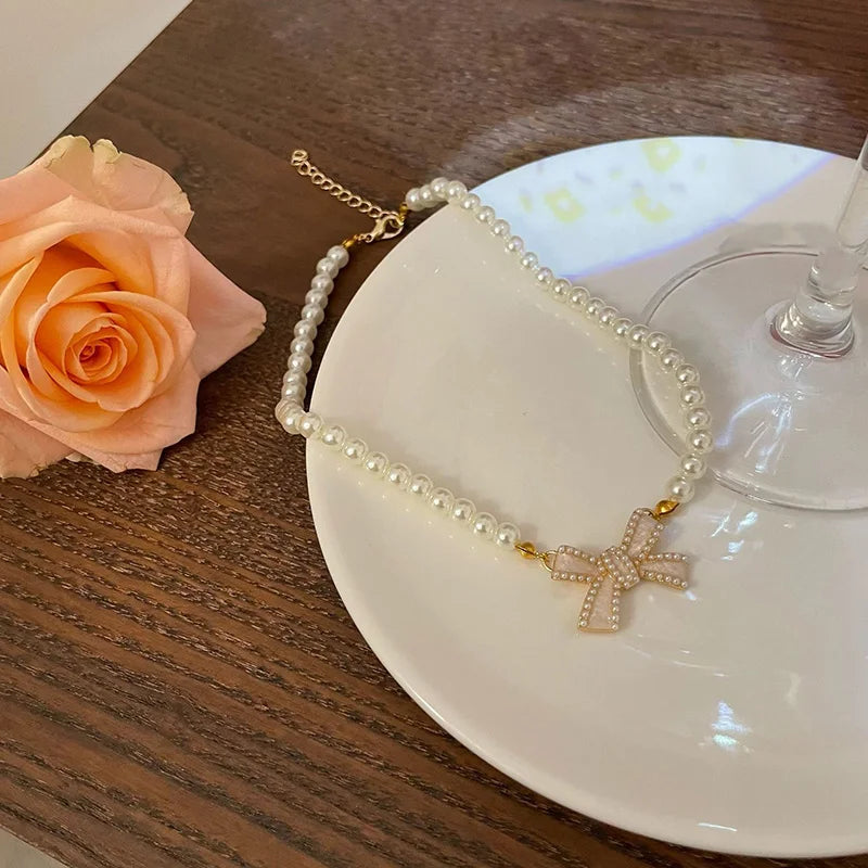 Wedding Party Pearl Bow Pendant Choker Necklace For Women Elegant White Imitation Pearl Chain-Dollar Bargains Online Shopping Australia