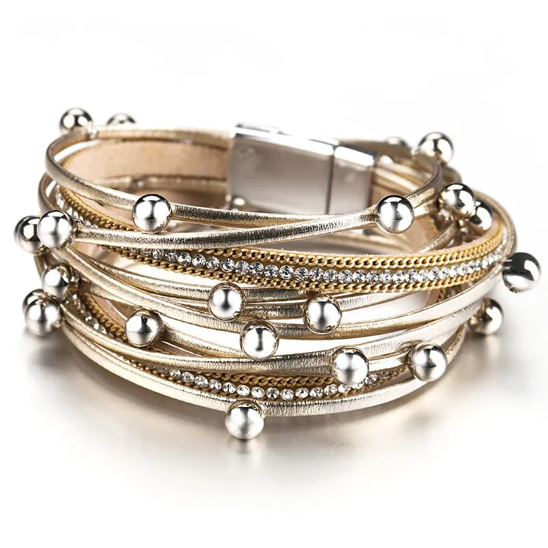 Metal Beads Charm Leather Bracelets for Women Fashion Crystal Chain Bohemian Multilayer Wrap Bracelet Female Jewelry-Dollar Bargains Online Shopping Australia