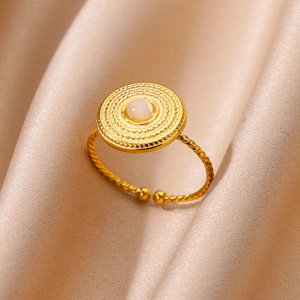 Gold Color Stainless Steel Shell Rings For Women Vintage Oval Blue Stone Adjustable Ring Fashion Party Jewelry Anniversary Gift-Dollar Bargains Online Shopping Australia