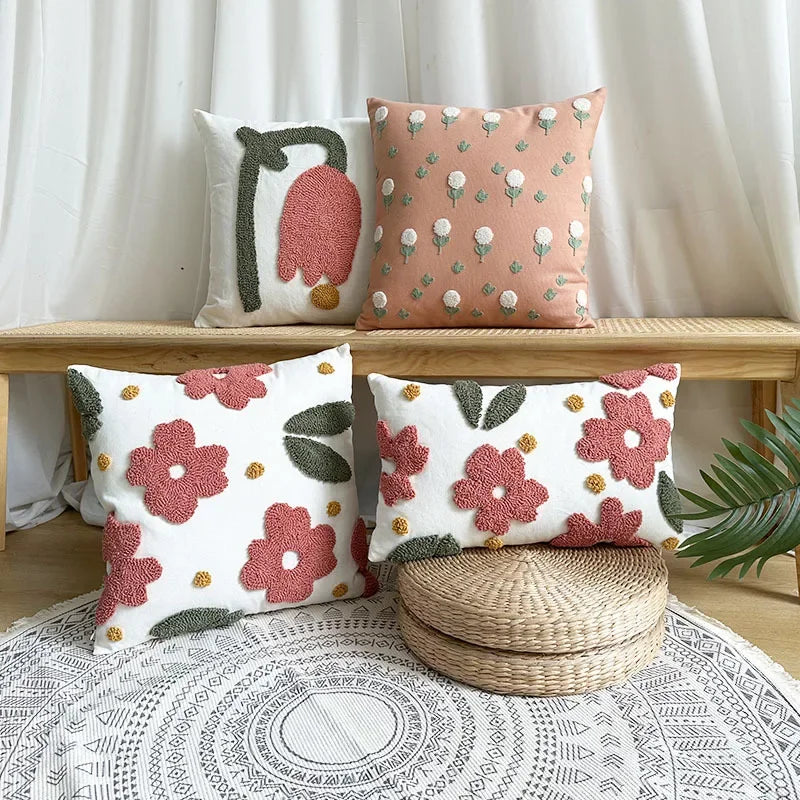 Nordic Style Flower Loop Tufted Cushion Cover Pink Plant Embroidered Decorative Pillows for Sofa Home Bedside Pillowcase