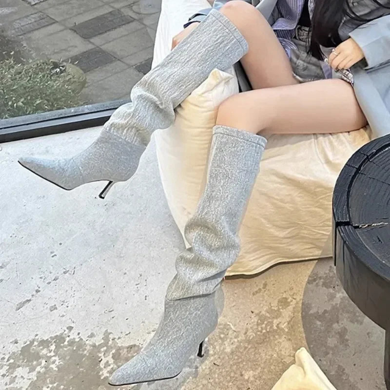 Cowboy Knee High Chelsea Boots Autumn Winter Pointed Toe Women Stilettos Shoes Gladiator Motorcycle-Dollar Bargains Online Shopping Australia