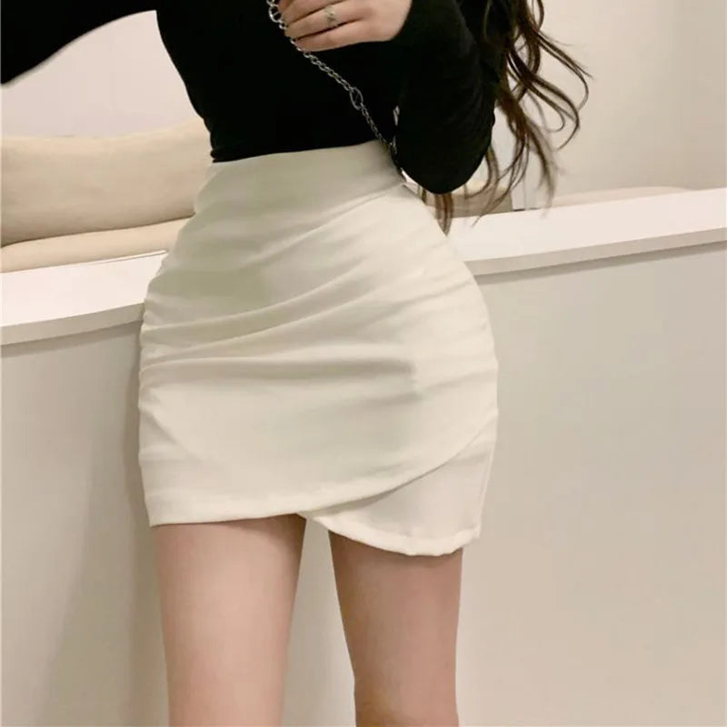 Mini Skirt Women Solid High Waist Irregular Folds Hip Wrap Pencil Skirt Ladies Sexy Slim Short Skirts