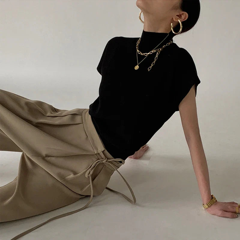 Fashion Vest Shirt Solid Stand-up Collar Knitted Sweater Short Sleeve Office Lady Loose Elegant All-Match Straight Tops 20397-Dollar Bargains Online Shopping Australia