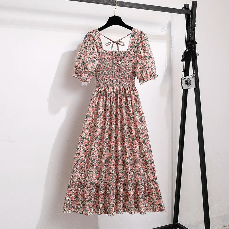 Chiffon Dresses Fashion Female Elastic Waist Short Sleeve Pleated Casual Dress Women A-line Dresses-Dollar Bargains Online Shopping Australia