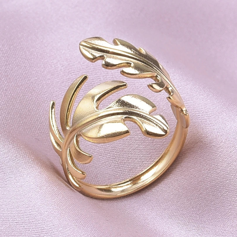 Leaf Shape Open Adjustable Rings For Women Stainless Steel Fashion Feather Shape Finger Rings Jewelry-Dollar Bargains Online Shopping Australia