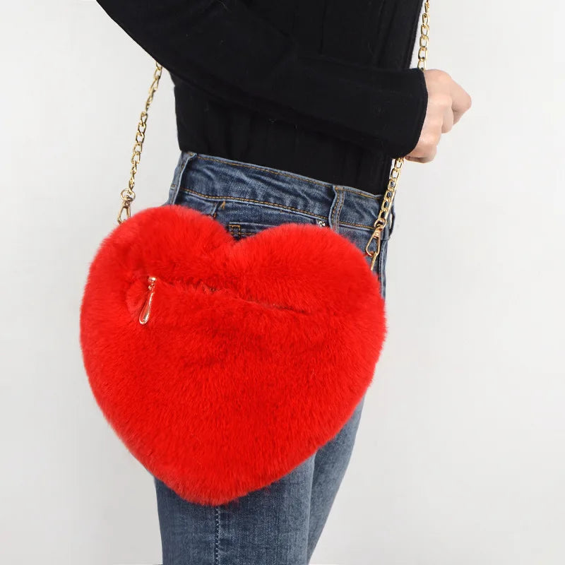 Fashion Women Heart Shaped Handbags Cute Kawaii Faux Fur Crossbody Bags Wallet Purse Plush Chain Shoulder Bag Lady Handbag
