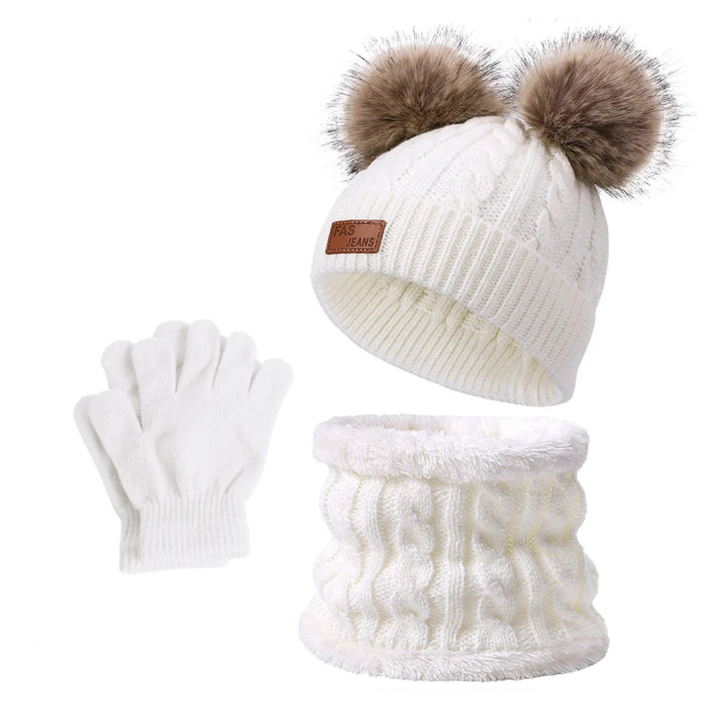 Warm Winter Baby Hats with Scarves for Kids Wool Pompom Baby Hat Children Bonnet Cap Boys Girls Knitted Scarf Gloves Beanie Caps-Dollar Bargains Online Shopping Australia