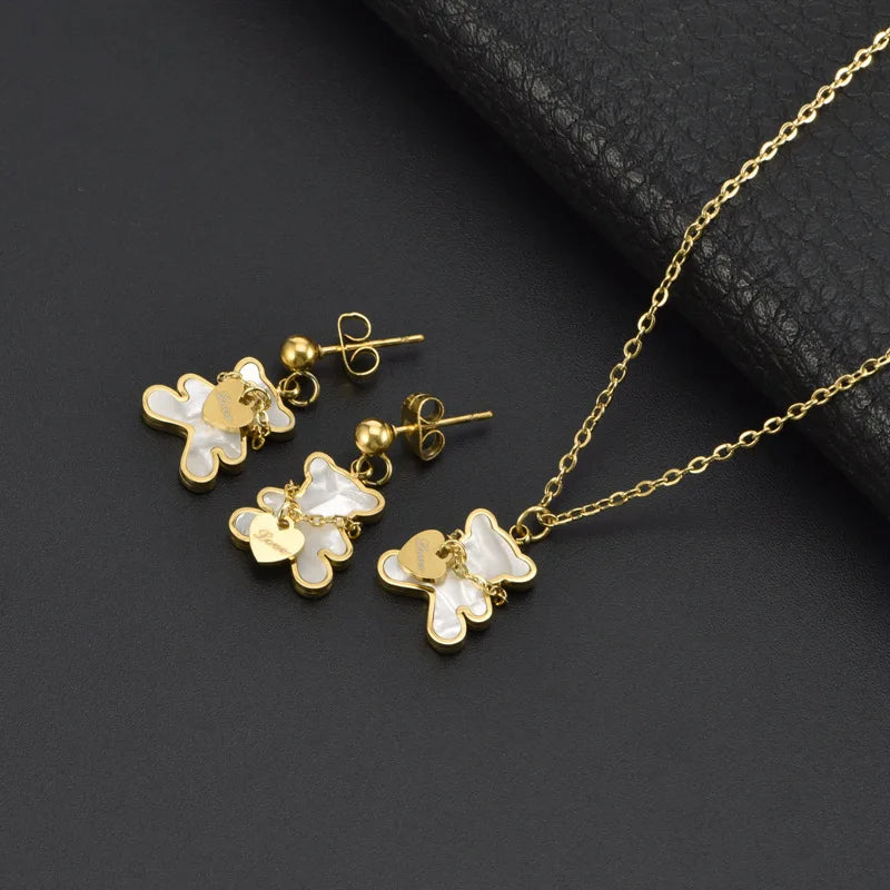 White Shell Cute Little Bear Peach Heart Stainless Steel Jewelry Set Necklace Earrings Bracelet or women-Dollar Bargains Online Shopping Australia