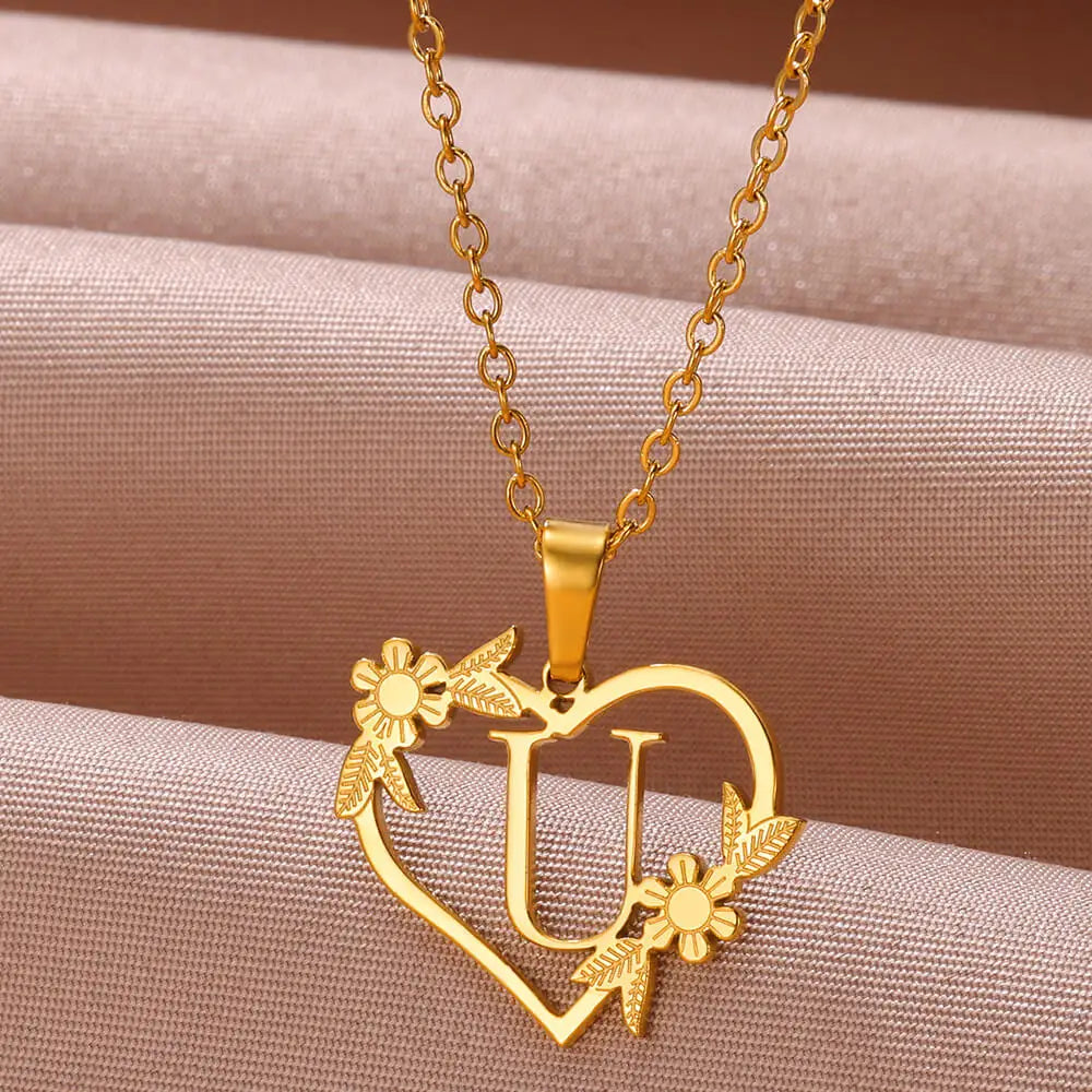 Gold Color Dainty Flower Initials Necklace Women Girl Stainless Steel Heart Letter Choker Necklace Best Gifts Alphabet Jewelry-Dollar Bargains Online Shopping Australia