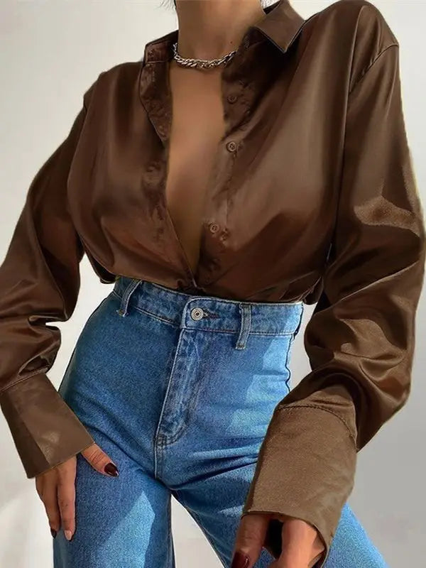 Autumn Shirt Women's Polo Collar Office Lady blouse Vintage Blue Green Shirt Loose Button Up Down Shirts Black Fashion Tops-Dollar Bargains Online Shopping Australia