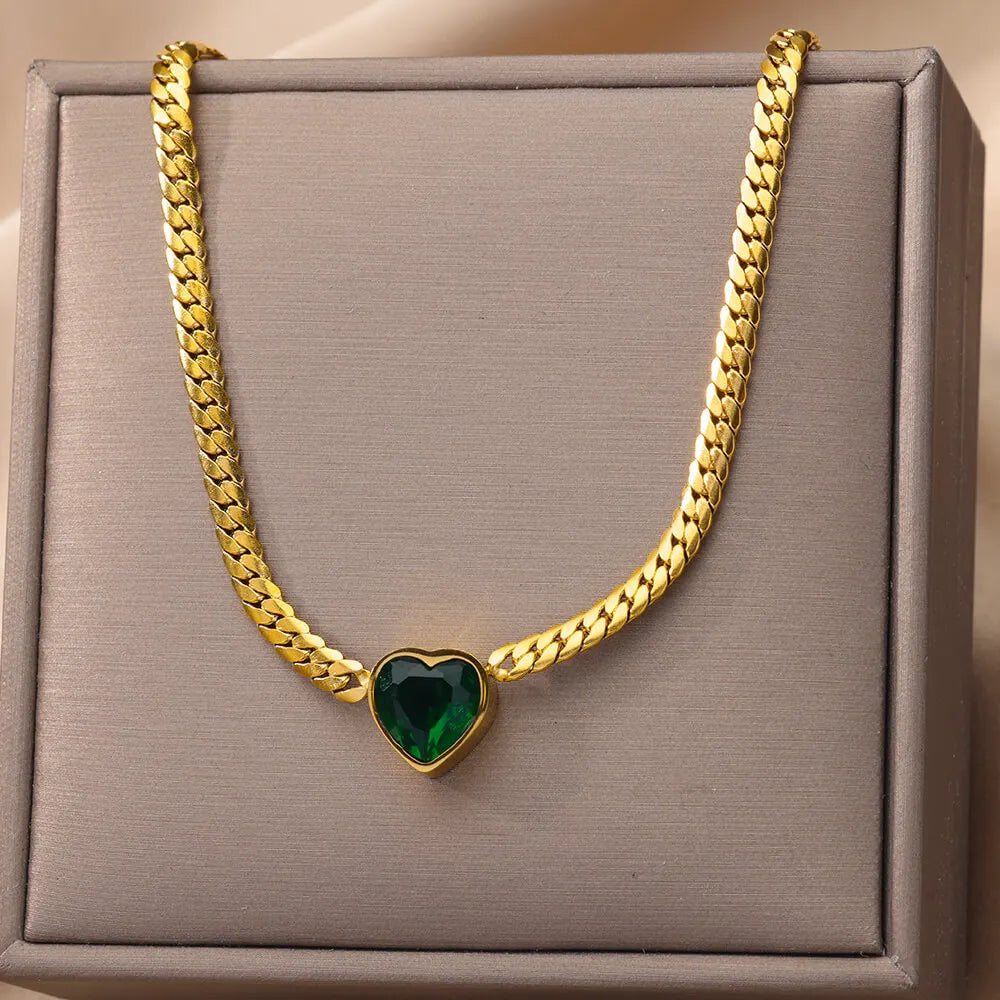 Vintage Rust Steel Zircon Necklace Flat Snake Bone Chain Blade Chain Square Emerald Pendant Necklace Women-Dollar Bargains Online Shopping Australia