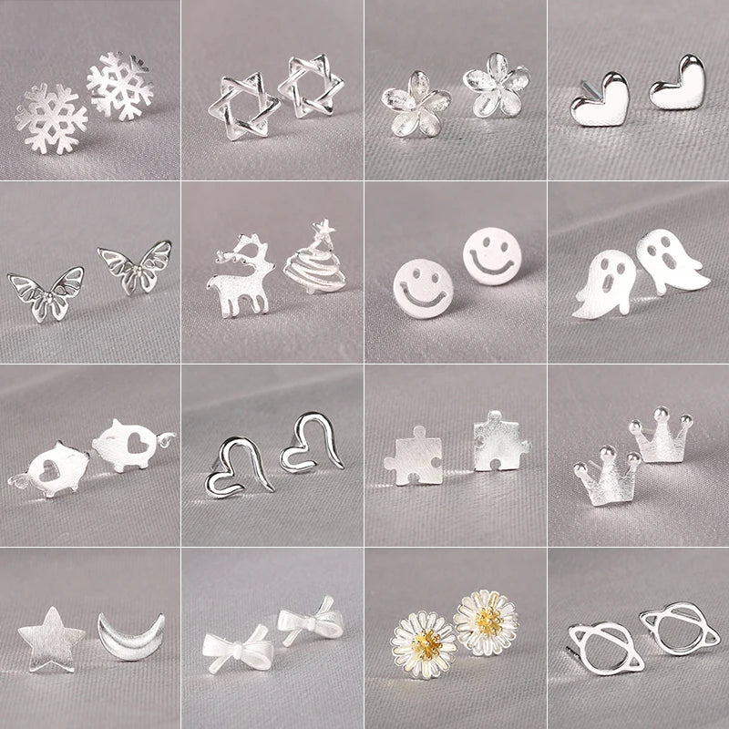 925 Silver Needles Lovely Mini Stud Earrings Women Cute Heart Star Moon Daisy Christmas Xmas Planet Butterfly Ear Studs-Dollar Bargains Online Shopping Australia