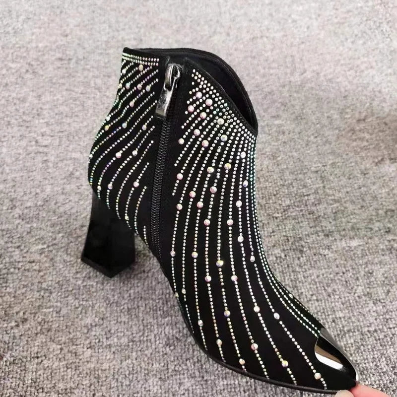 Women Rhinestone Ankle Boots Shine Short Side Zip Pointed Toe shoes Black-Dollar Bargains Online Shopping Australia