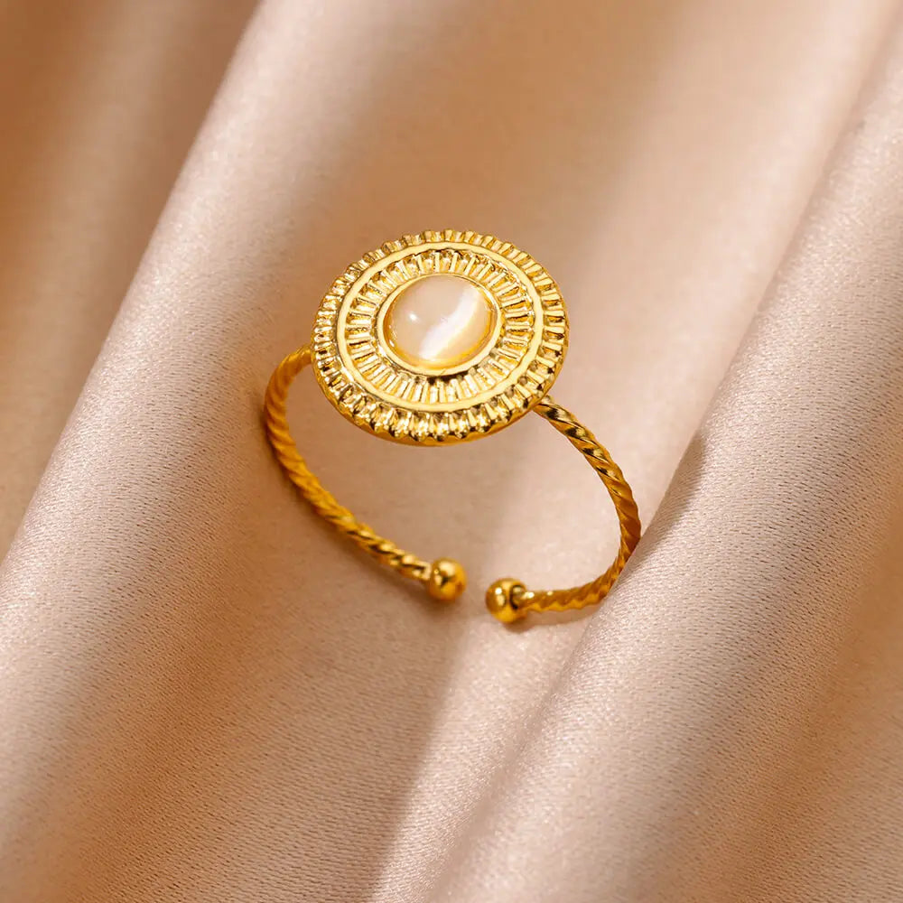 Gold Color Stainless Steel Shell Rings For Women Vintage Oval Blue Stone Adjustable Ring Fashion Party Jewelry Anniversary Gift-Dollar Bargains Online Shopping Australia