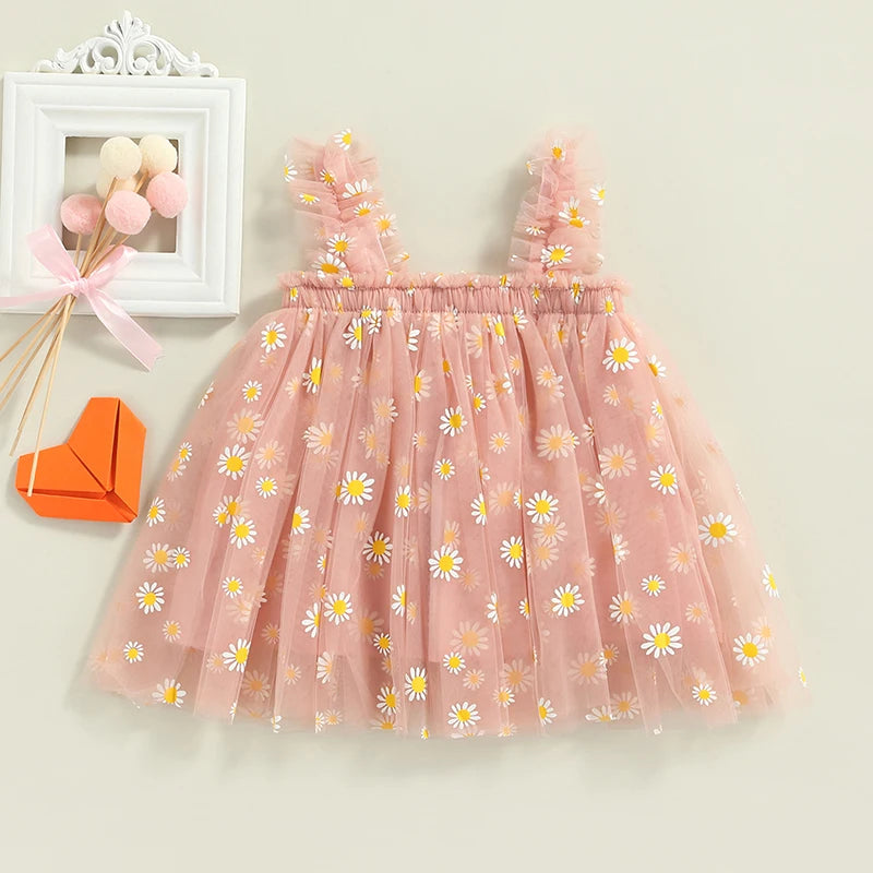 Toddler Dress Kids Girls Party 2023 Summer Sleeveless Daisy Floral Tutu Dress Layered Tulle Dress Princess Birthday Dresses-Dollar Bargains Online Shopping Australia