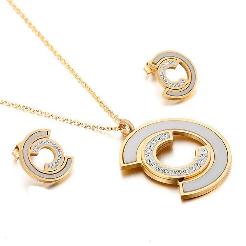 Stainless Steel Jewelry Sets For Women Three Rounds Pendant Necklace Earrings Set Women Fashion Zirconia Wedding Jewelry-Dollar Bargains Online Shopping Australia