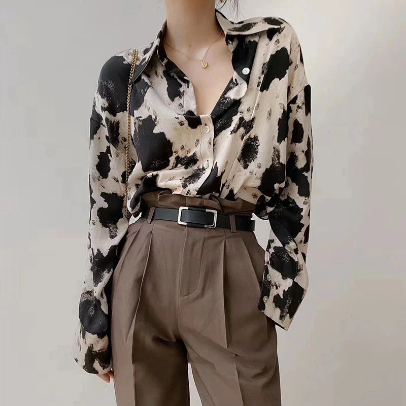 Cow Print Button Up Shirts Women Spring Plus Size Tops Korean Fashion Clothes Chiffon Streetwear Long Sleeve-Dollar Bargains Online Shopping Australia
