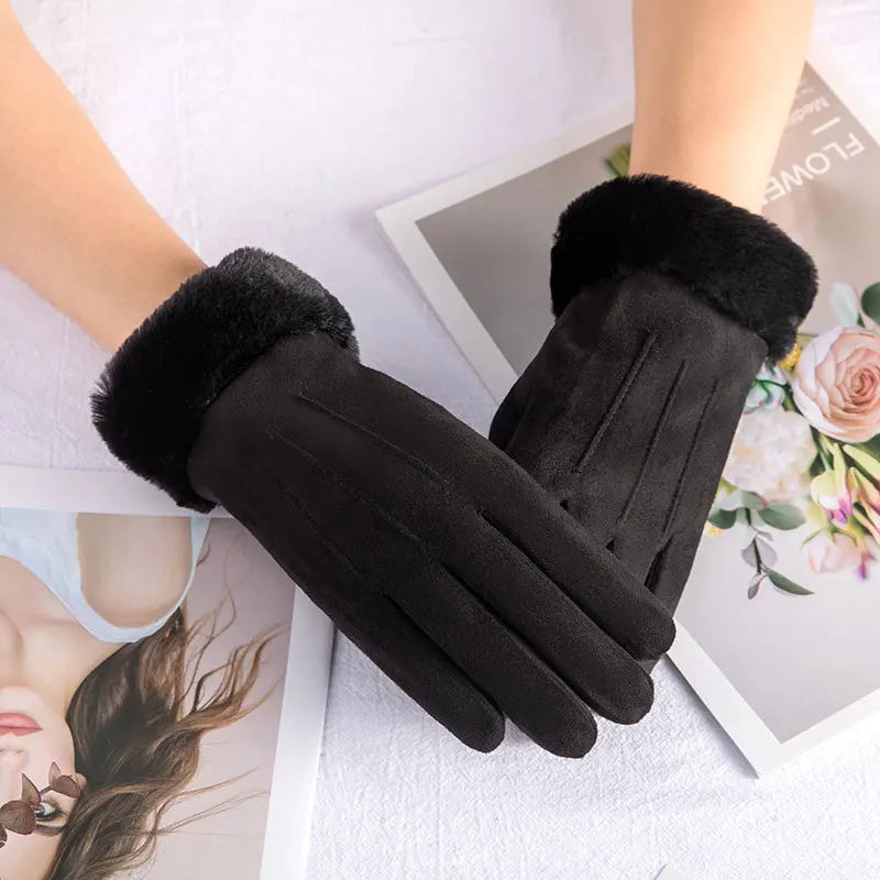 Cashmere Warm Suede Leather Cycling Mittens Double Thick Velvet Plush Wrist Women Touch Screen Driving Gloves-Dollar Bargains Online Shopping Australia