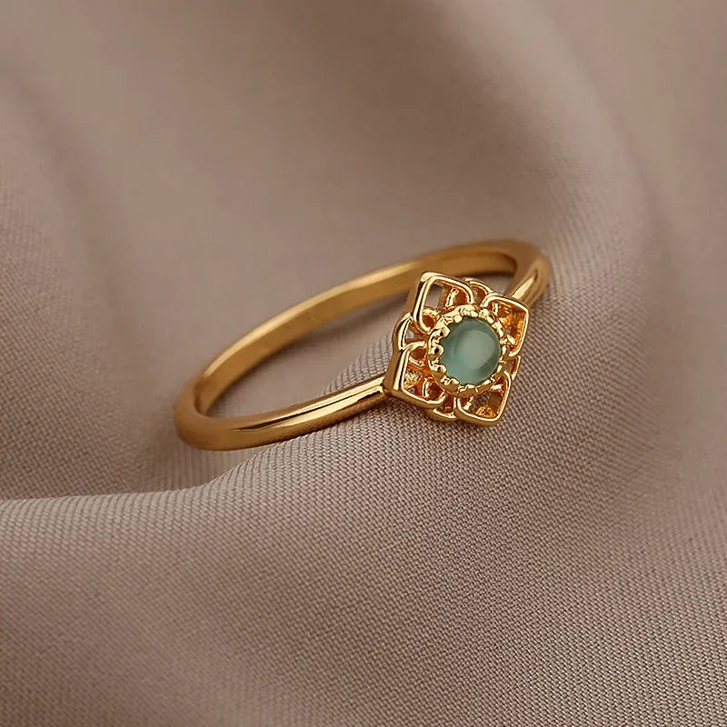 Stainless Steel Green Natural Stone Rings For Women Vintage Trend Punk Jewelry 18K Gold Color Opening Ring Christmas Gift New-Dollar Bargains Online Shopping Australia