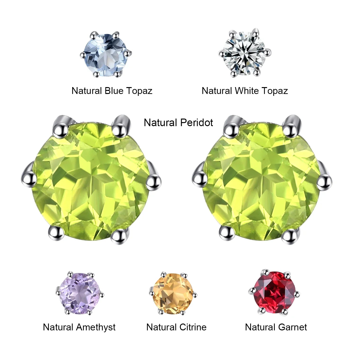 Genuine Peridot Blue Topaz Amethyst Citrine Garnet 925 Sterling Silver Stud Earrings for Women Colorful Gemstone