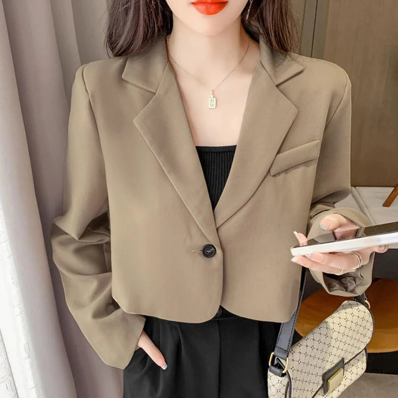 Cropped Blazers Women Solid Color Simple Single-button Outwear Teens All-match Long Sleeve Office Suit Jacket-Dollar Bargains Online Shopping Australia