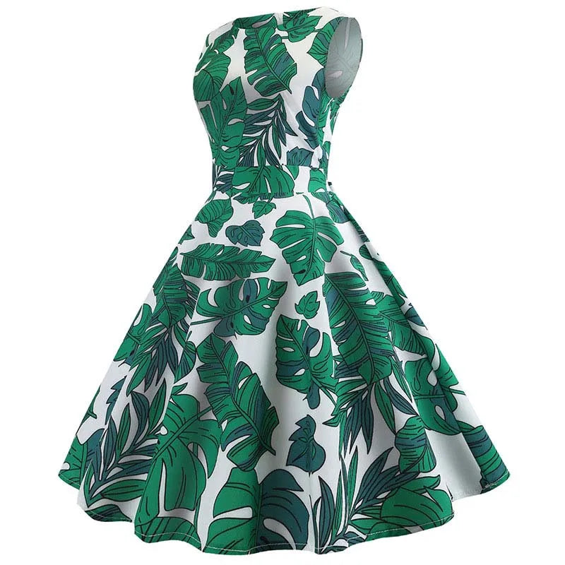 Women Summer Dress Sleeveless Green Leaf Print Midi Dress O Neck Retro Vintage Party Robe-Dollar Bargains Online Shopping Australia