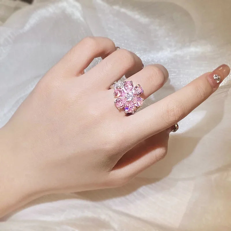 Exquisite Colorful Zircon 925 Silver Ring Women for Ring Fashion Pink Flowers Women's Engagement Ring Party Jewelry Peach-Dollar Bargains Online Shopping Australia