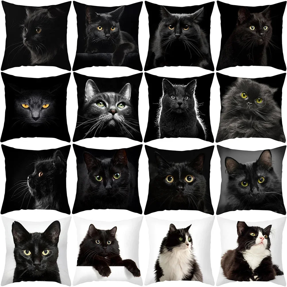 Black Cat Pillowcases Polyester Home Cute Kitty Animal Lover Cushion Cover Funny  Decoration Pillow