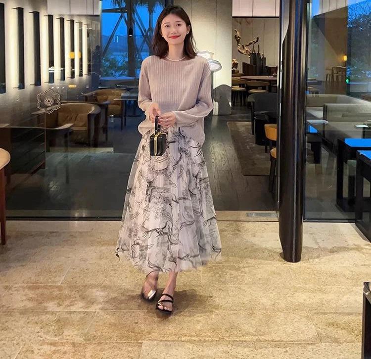 Women Flocking Flower Bird Tulle Gauze Skirt Elegant Sweet Elastic Waist Midi Floral Mesh Skirt-Dollar Bargains Online Shopping Australia