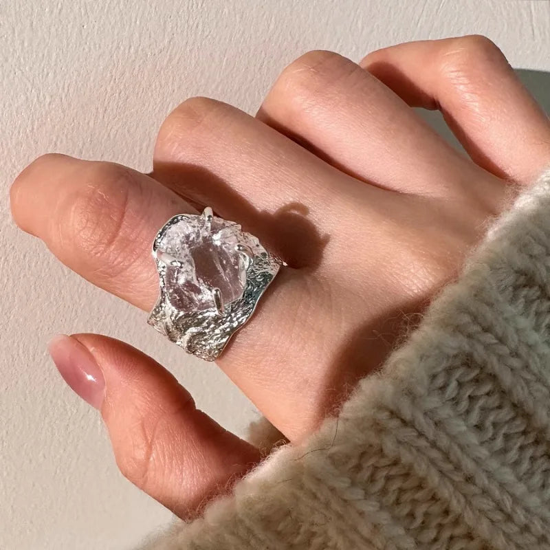 Sterling Silver Ring Women Big Stone Simple Open Vintage Handmade Ring