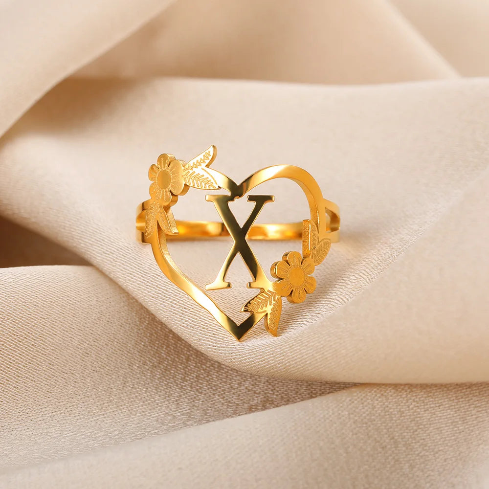 Stainless Steel Initials Flower Heart Rings Gold Color Adjustable Delicate Letter Leaf Rings For Women Girl Alphabet Jewelry-Dollar Bargains Online Shopping Australia