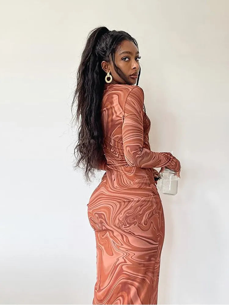 Long Sleeve Bodycon Dresses For Women Evening Party Clothes O-neck Mid Calf Sexy