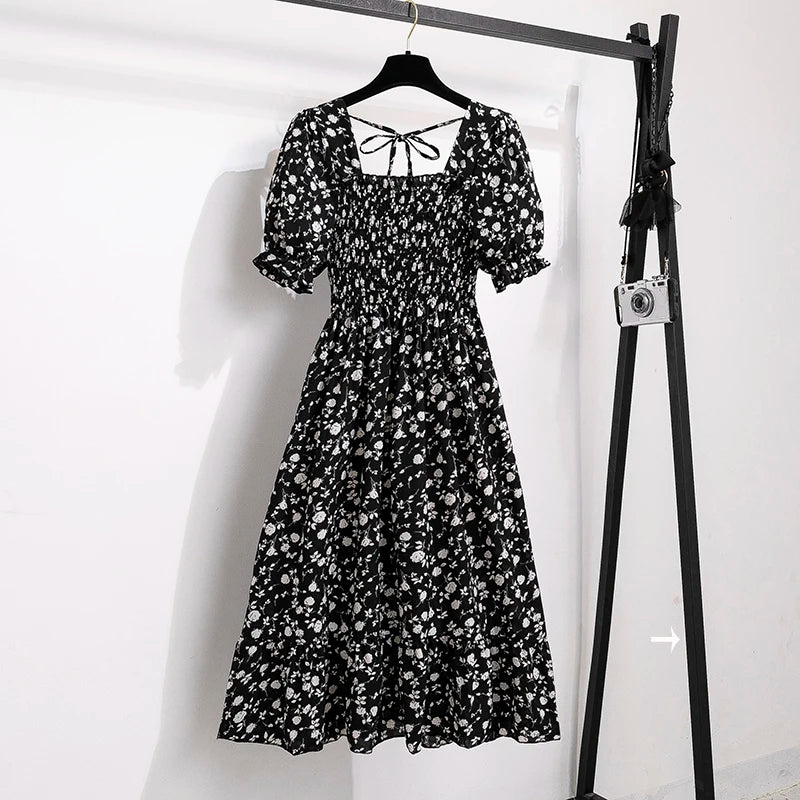 Chiffon Dresses Fashion Female Elastic Waist Short Sleeve Pleated Casual Dress Women A-line Dresses-Dollar Bargains Online Shopping Australia
