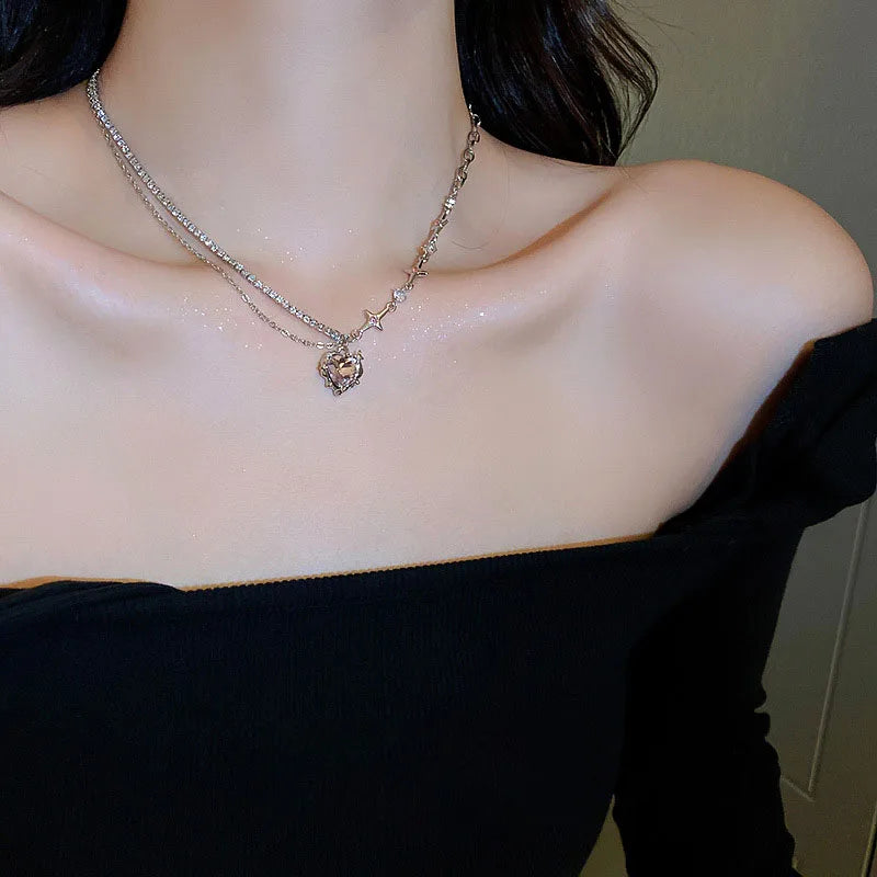 Black Heart Pendant Necklace Punk Shiny Rhinestone Star Asymmetric Chain Necklace for Women Neck Chain Y2K Jewelry-Dollar Bargains Online Shopping Australia