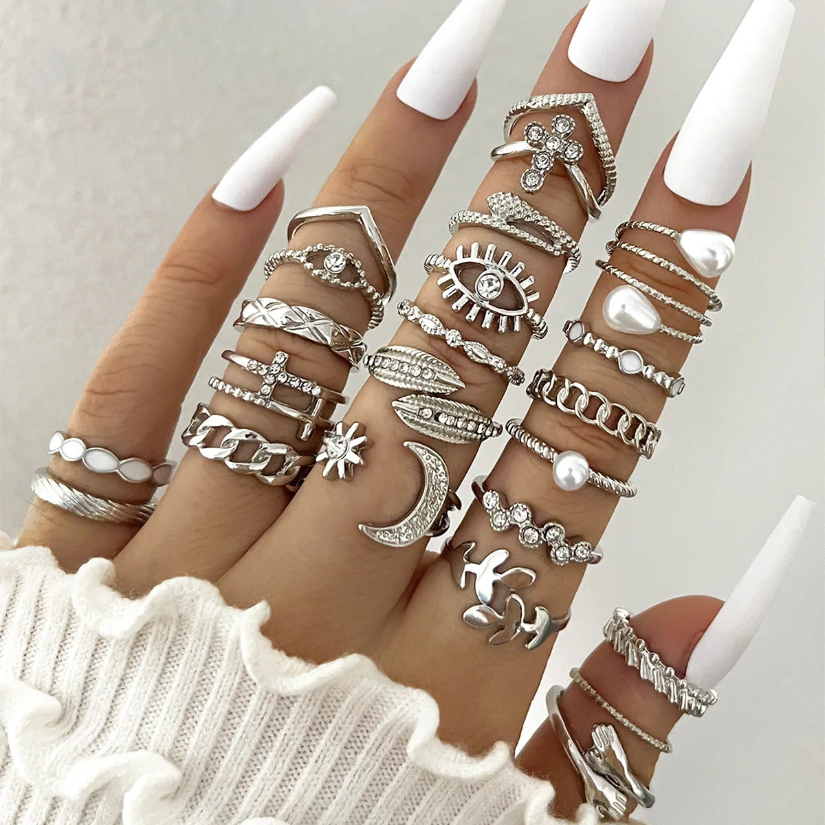 Silver Color Geometric Knuckle Rings Set For Women Eye Cross Sun And Moon Leaf Charm Finger Ring Female Boho Party Jewelry-Dollar Bargains Online Shopping Australia