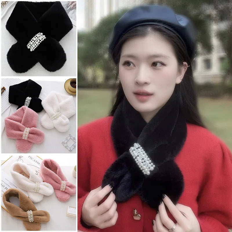Winter Pearl Plush Scarf For Women Autumn Cute Thickened Warm Faux Fur Cross Scarves Girls Soft Neck Ring Scarf