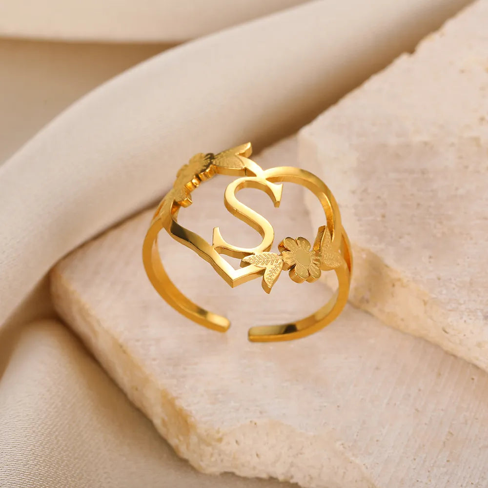 Stainless Steel Initials Flower Heart Rings Gold Color Adjustable Delicate Letter Leaf Rings For Women Girl Alphabet Jewelry-Dollar Bargains Online Shopping Australia