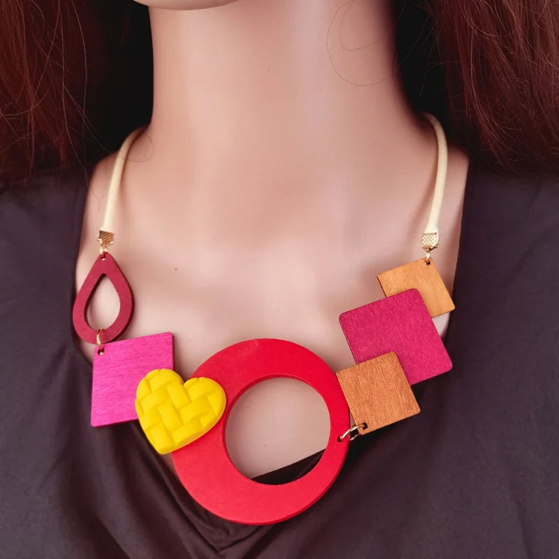 Geometric Wooden Pendant Ethnic Statement Bib Necklace for Women Handmade Maxi Necklaces Vintage Jewelry-Dollar Bargains Online Shopping Australia