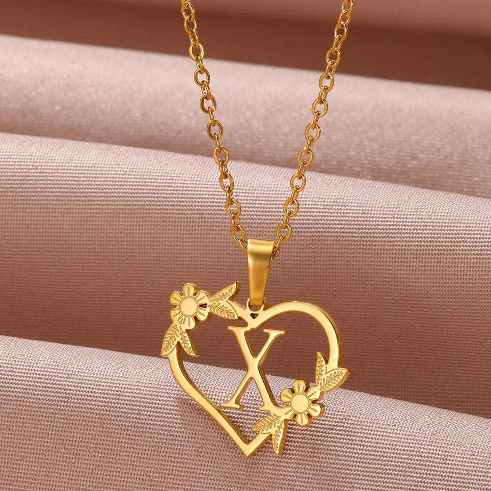 Gold Color Dainty Flower Initials Necklace Women Girl Stainless Steel Heart Letter Choker Necklace Best Gifts Alphabet Jewelry-Dollar Bargains Online Shopping Australia